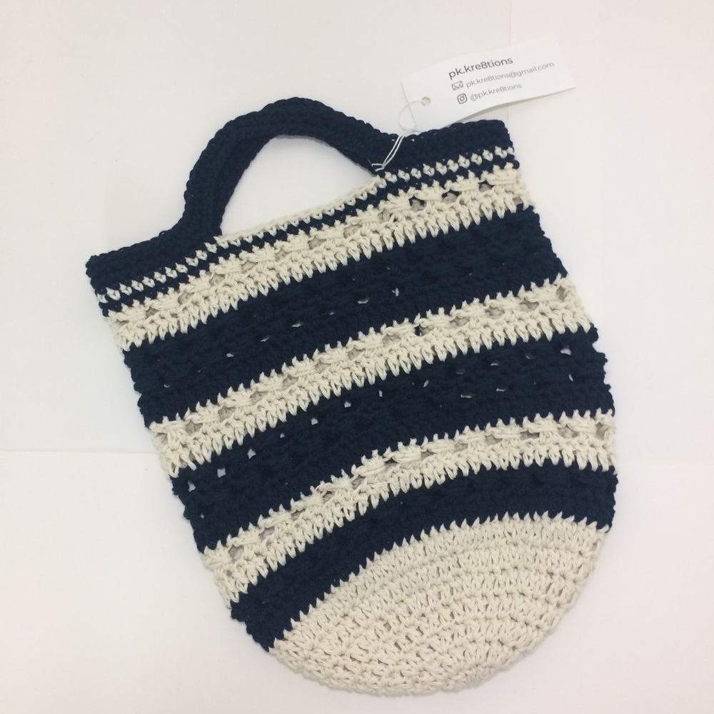 Handmade Crochet Bag Navy Cream stripes